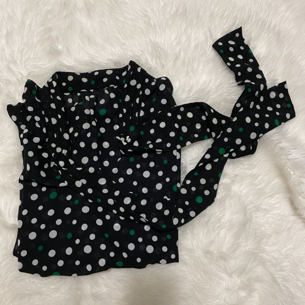 Banana Republic Factory Tie-Neck Black with White & green Polka dot Print XL - Picture 11 of 12